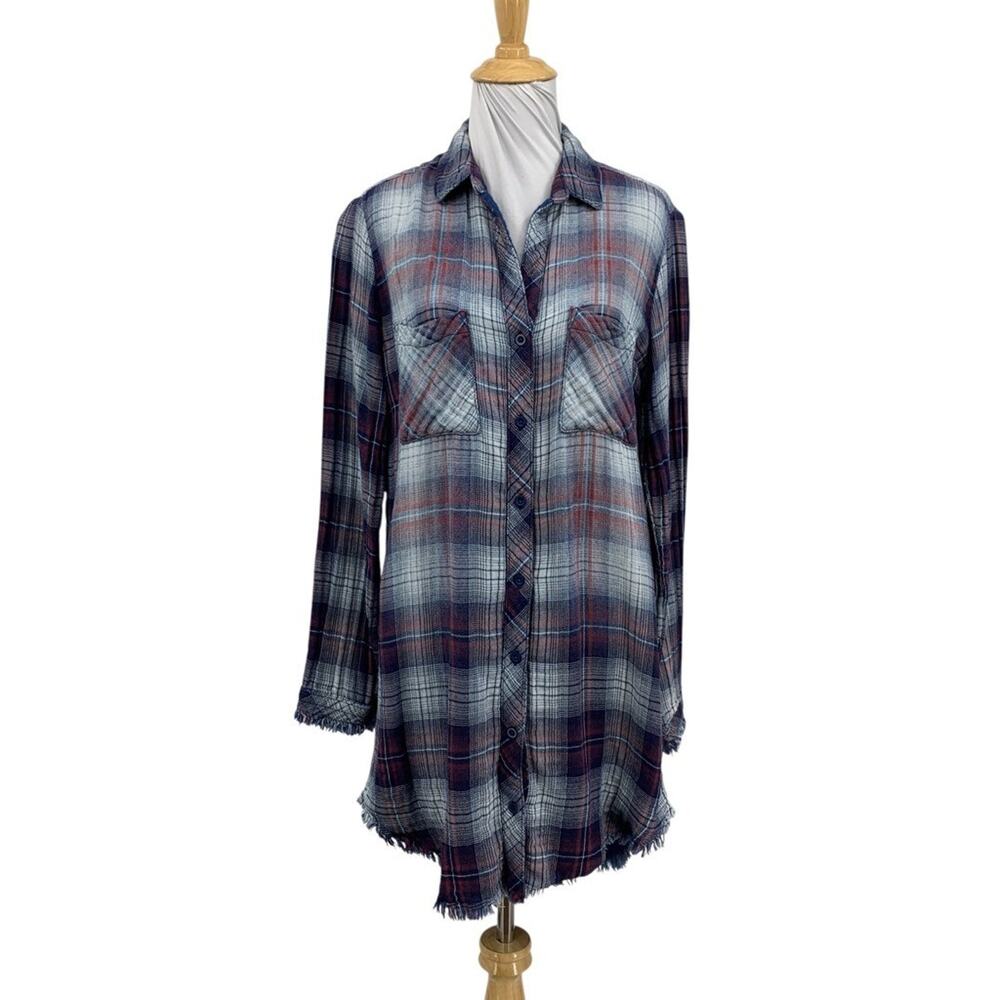 Cloth & Stone Shirt Women S Small Cotton Button Up Raw Hem Plaid Oversized Tunic